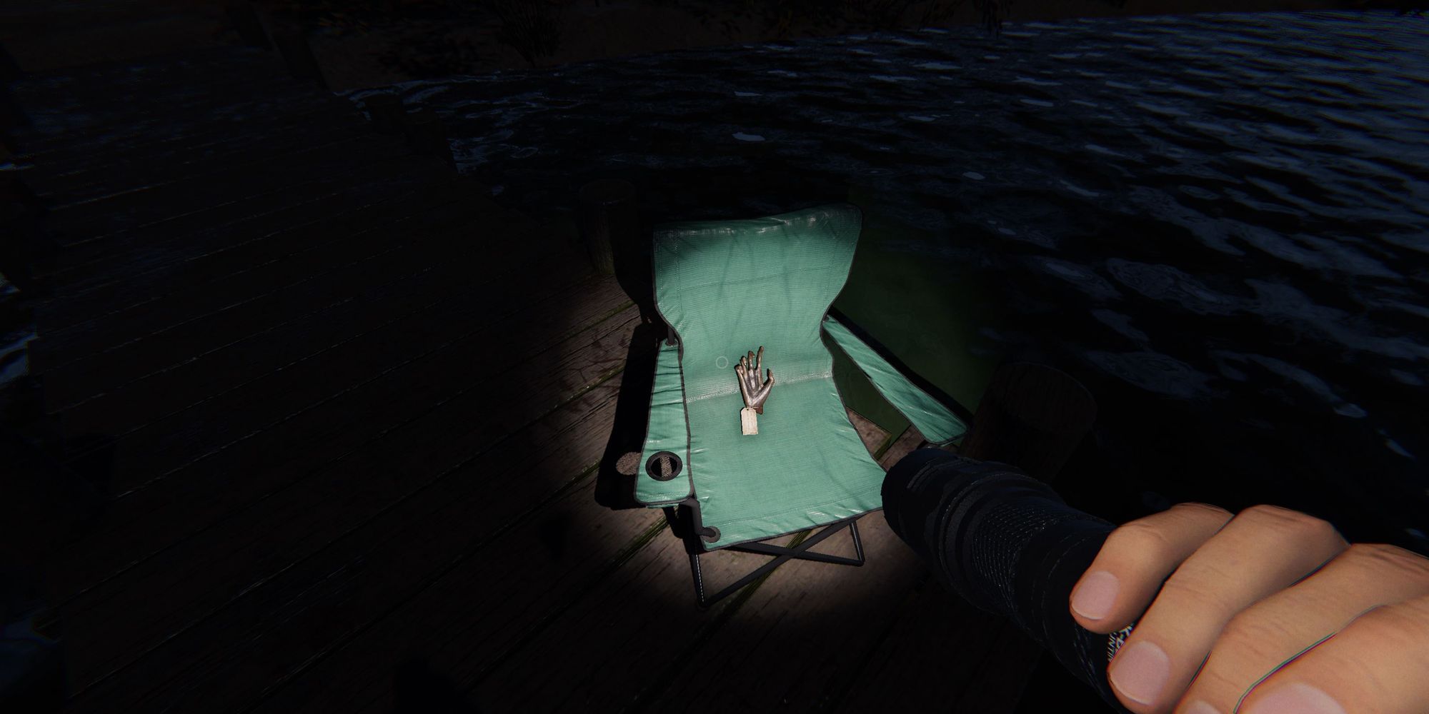 Image depicts a monkey paw on a blue camping chair on a pier in Maple Lodge Campsite in Phasmophobia.