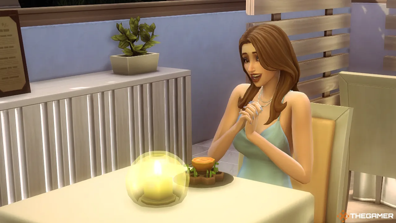 A Sim at a restaurant eating the Honey Cups dish