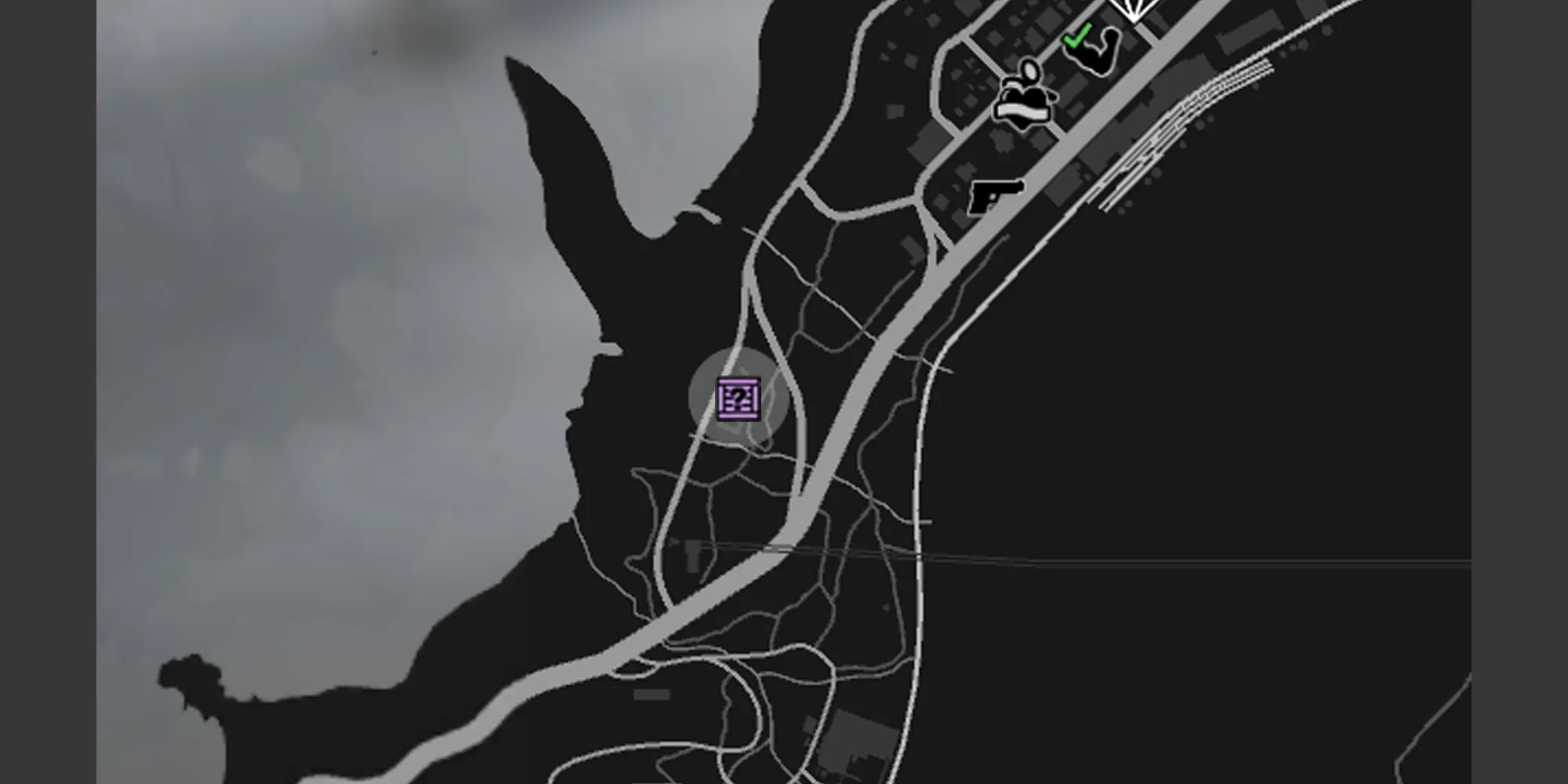 GTA OnlineマップのPalento Bayの一部を示し、Bayview Lodgeの場所を灰色の円で示し、Gのキャッシュの紫のボックスアイコンを示しています。