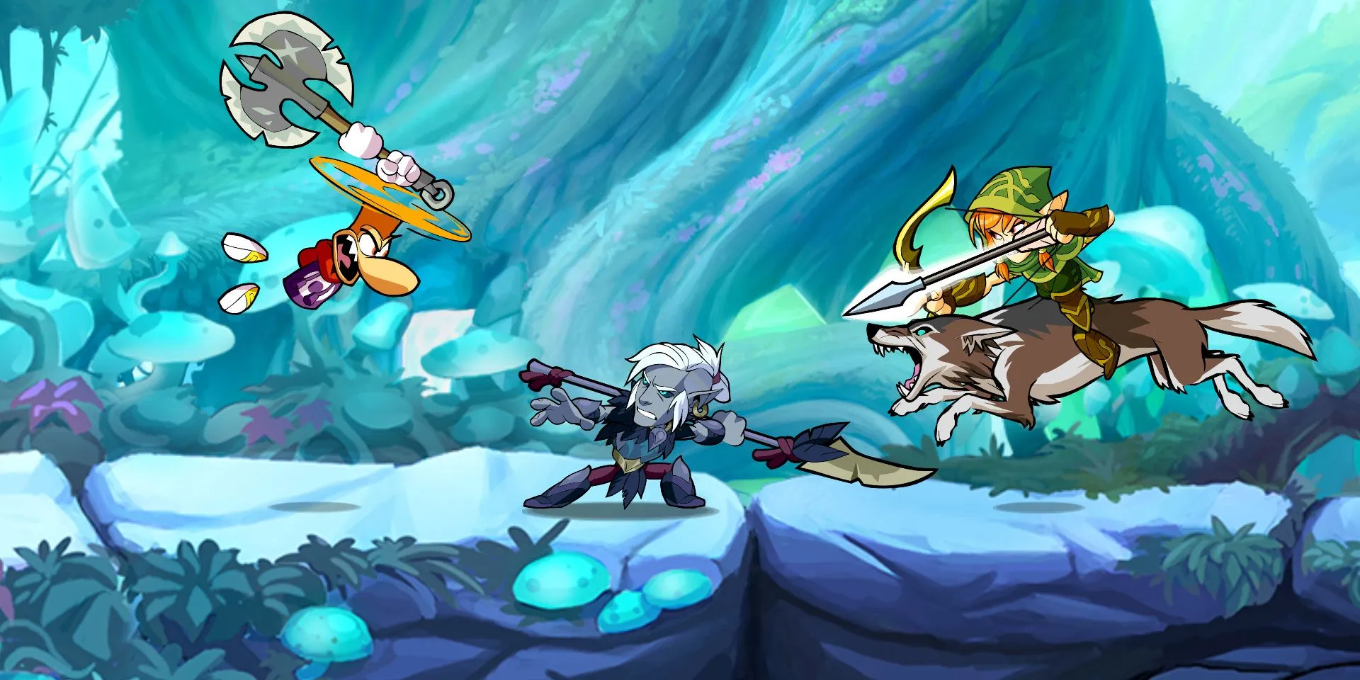 레이맨과 다른 두 캐릭터가 Brawlhalla에서 싸우는 모습