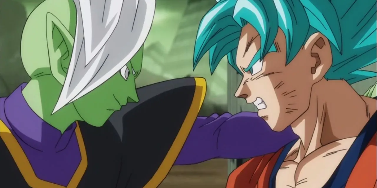 Goku en colère contre Goku Black et Future Zamasu dans Dragon Ball Super