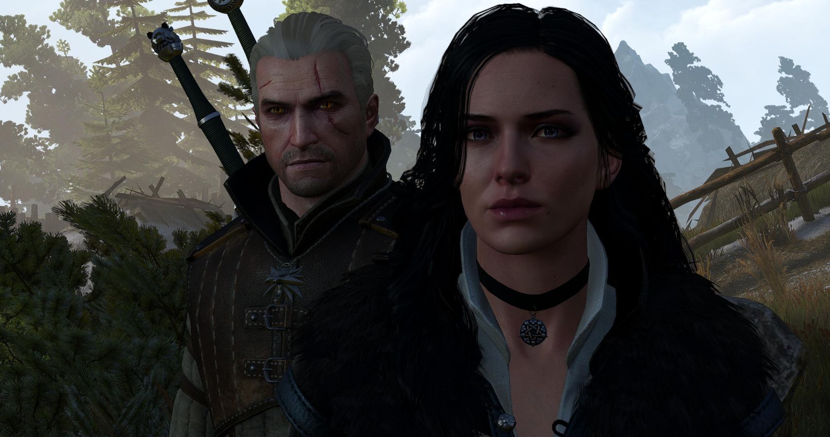Screenshot di Witcher 3 di Geralt dietro Yennefer