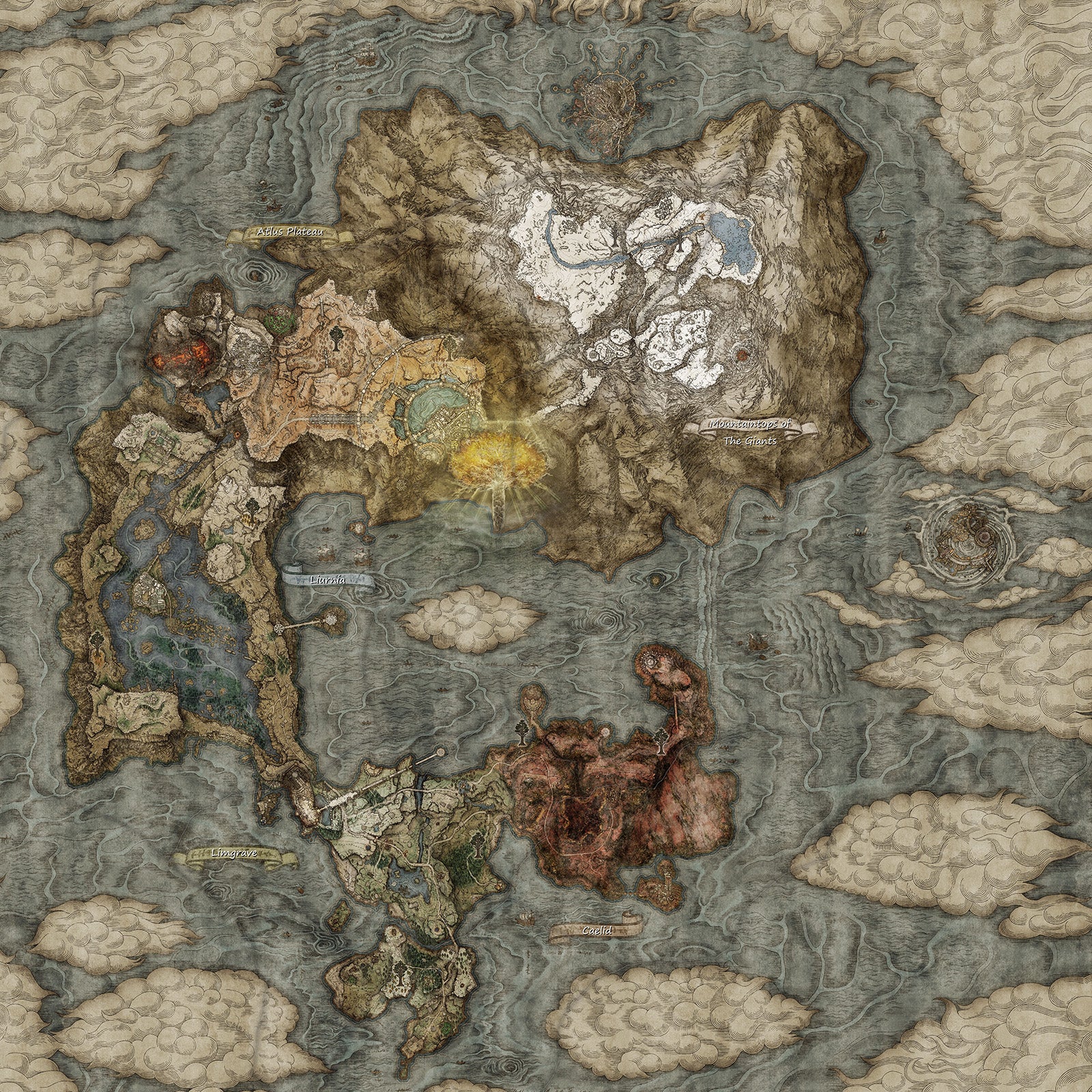 La mappa del mondo in Elden Ring, tutta bellissima e trapuntata. Un continente a forma di isola che assomiglia un po' a una virgola, con le nuvole che invadono dai bordi.