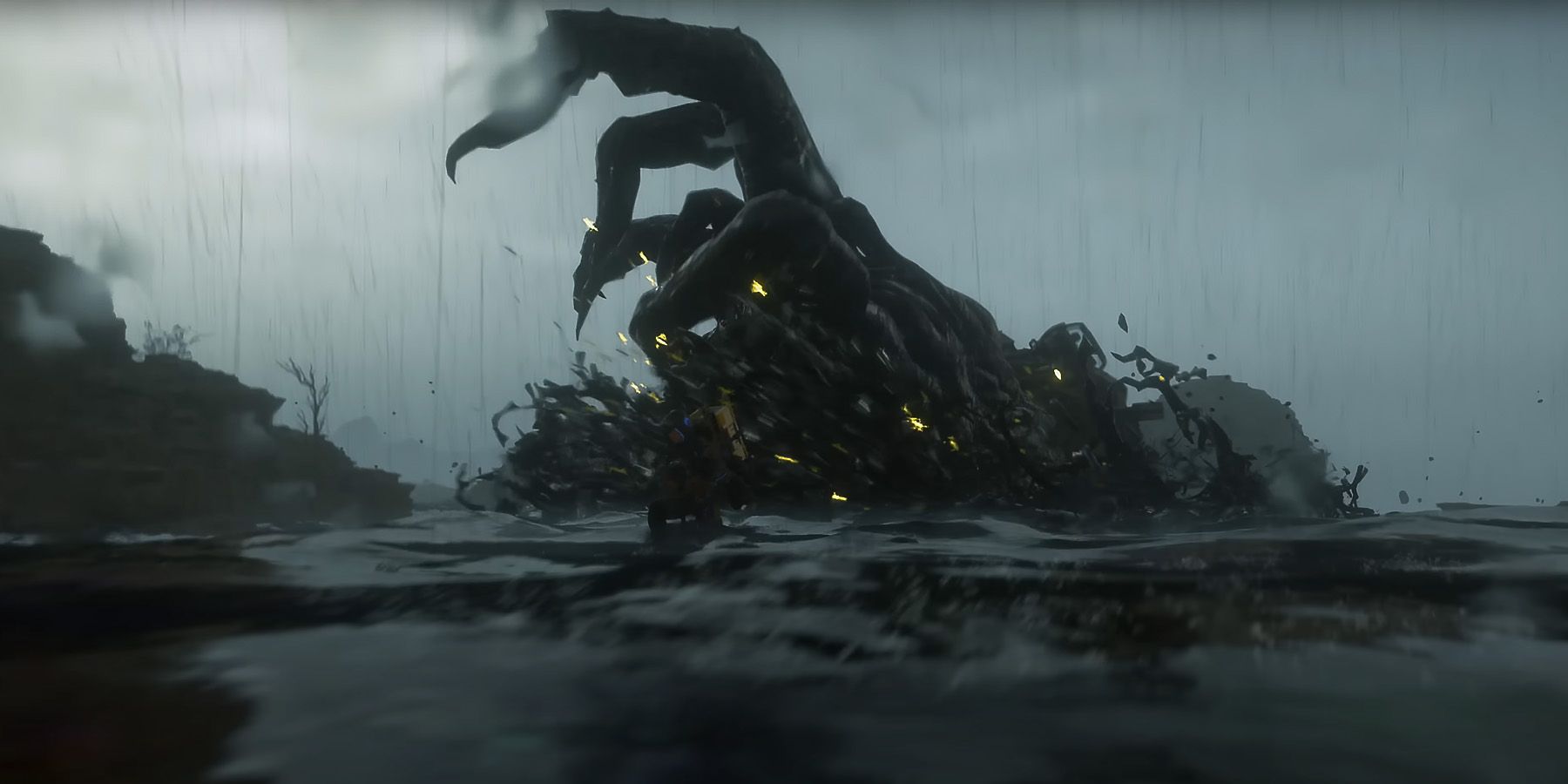 Captura de pantalla de un gigantesco BT con forma de mano de cangrejo en Death Stranding 2