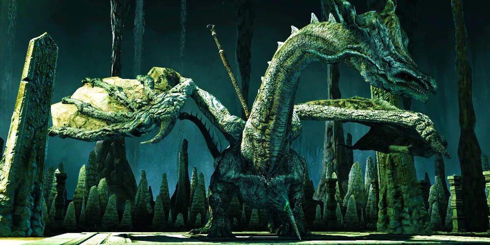 Chefe dragão verde e branco em área de caverna