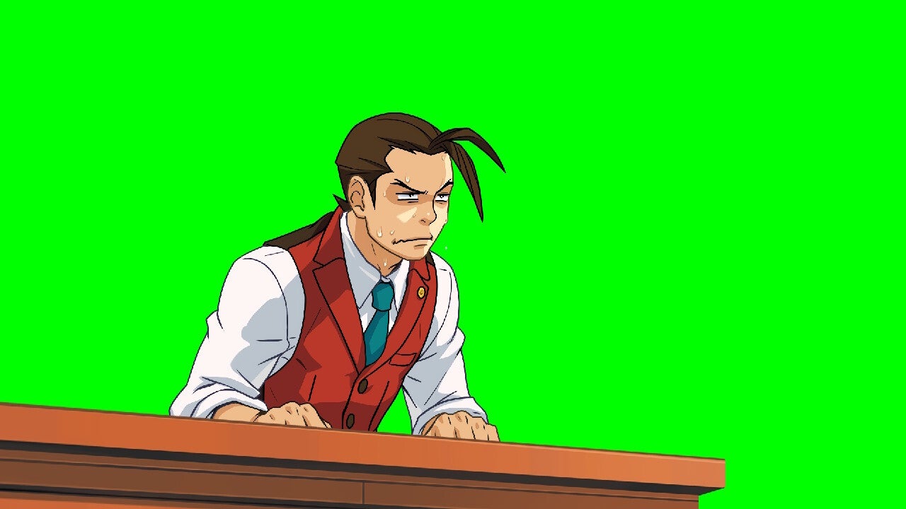 Captura de pantalla de la Trilogía de Apollo Justice mostrando a Apollo Justice en la corte frente a un fondo verde