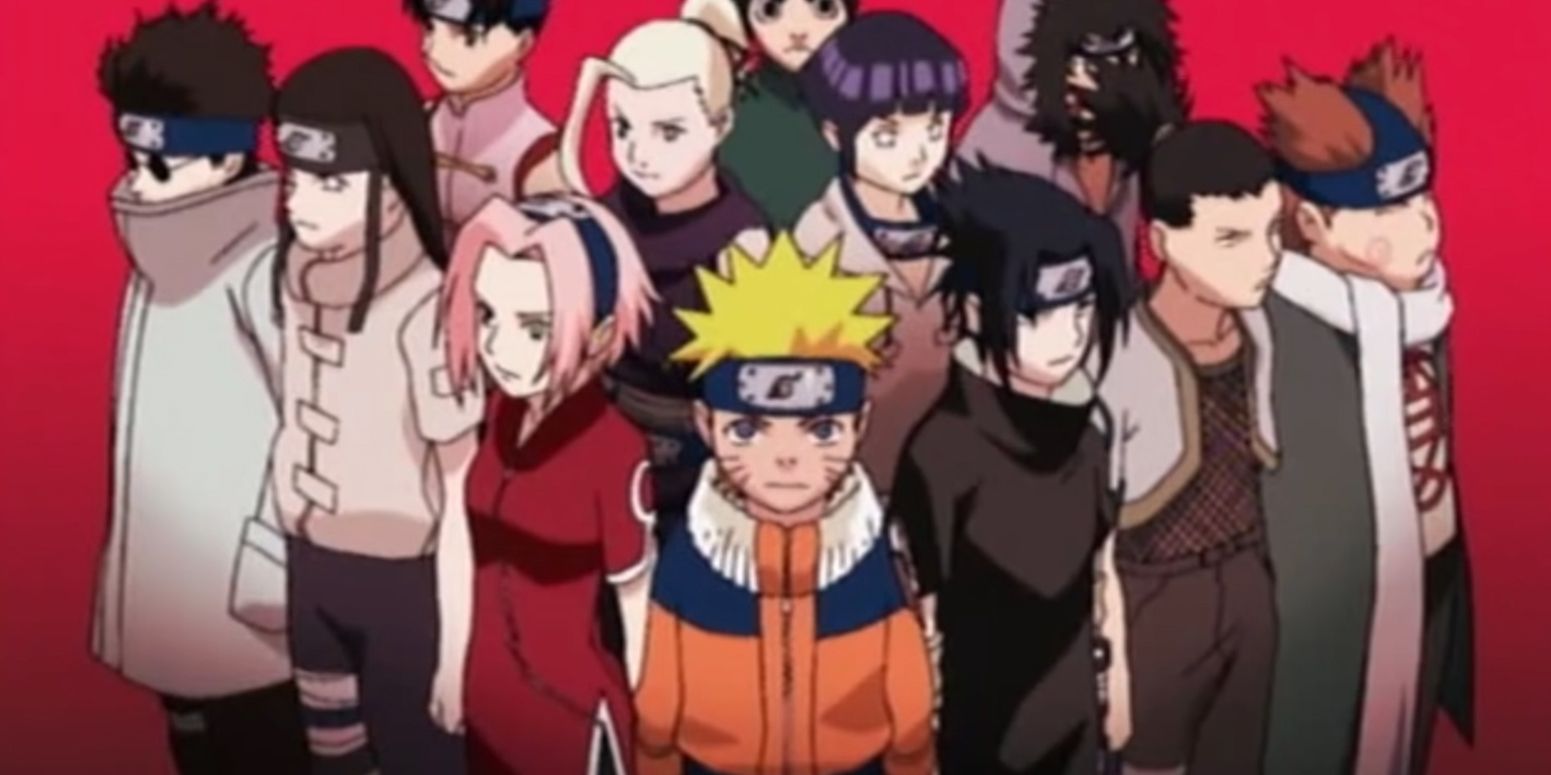 Image Figée de l'Opening 4 Original de Naruto -GO!!!- Avec Tous les Ninjas de l'Examen Chunin Rassemblés en un Grand Groupe