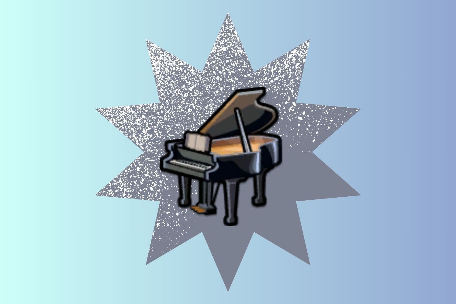 Un'icona di un pianoforte fluttua su uno sfondo blu sfumato.