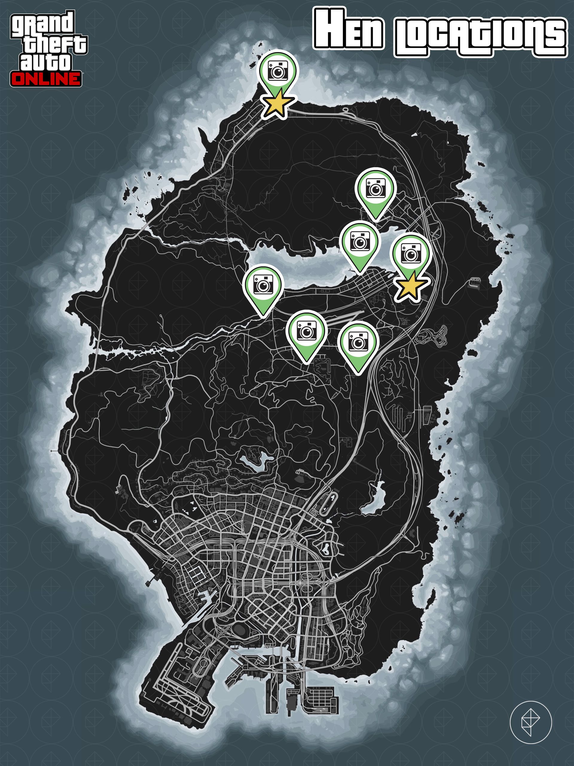 Carte de GTA Online montrant les emplacements des poules