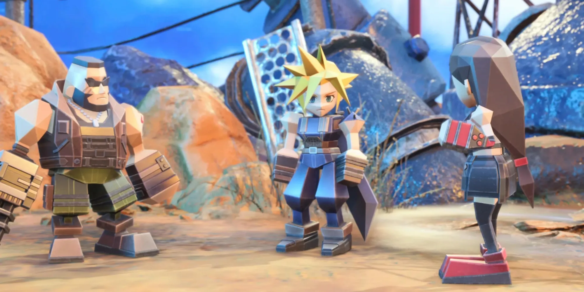 Barret, Cloud e Tifa come GameTopics a Fort Condor in Final Fantasy 7 Rebirth
