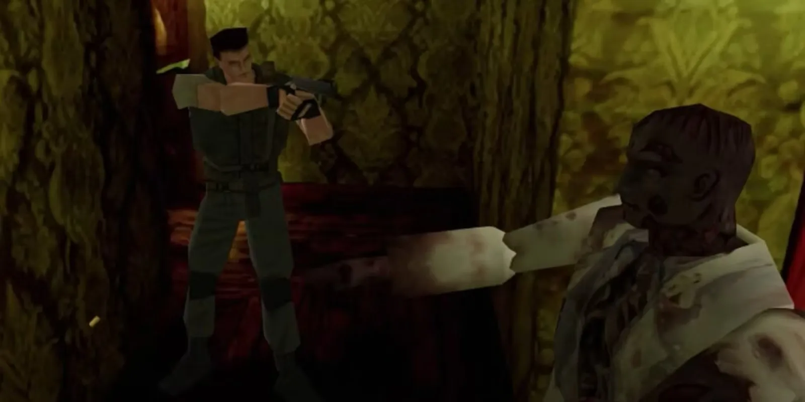 Chris Redfield spara a uno zombie in Resident Evil
