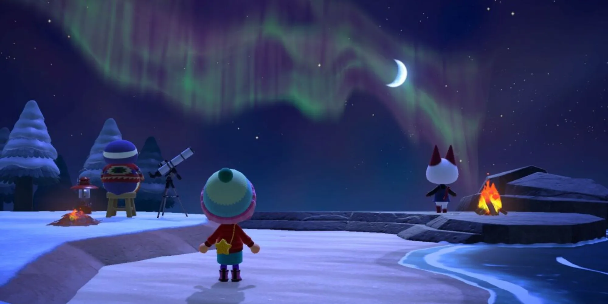 Un joueur observant les aurores boréales avec deux villageois dans Animal Crossing: New Horizons