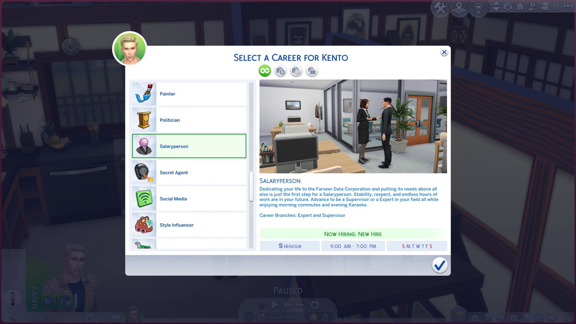 The Sims 4: Uno screenshot del menu di selezione della carriera con la carriera di Persona Salariale evidenziata