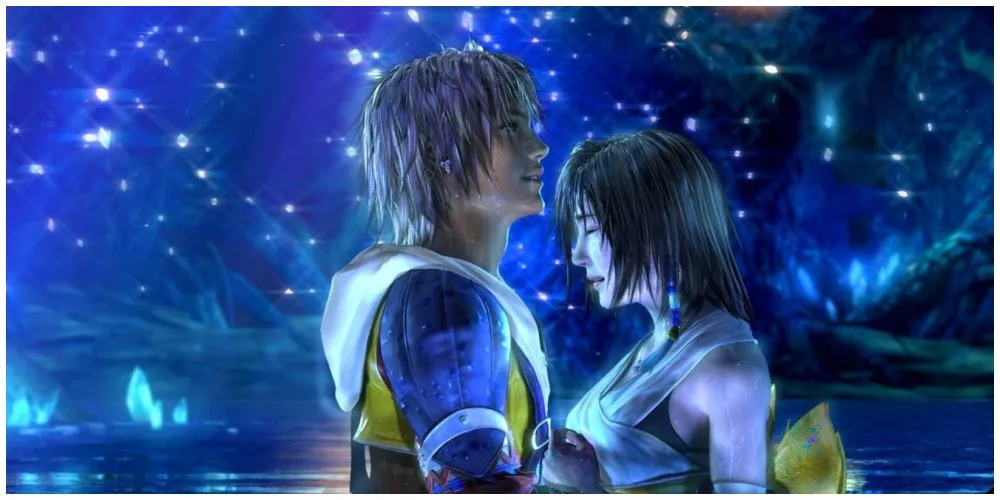 Tidus e Yuna do Final Fantasy 10 cercados por luz azul