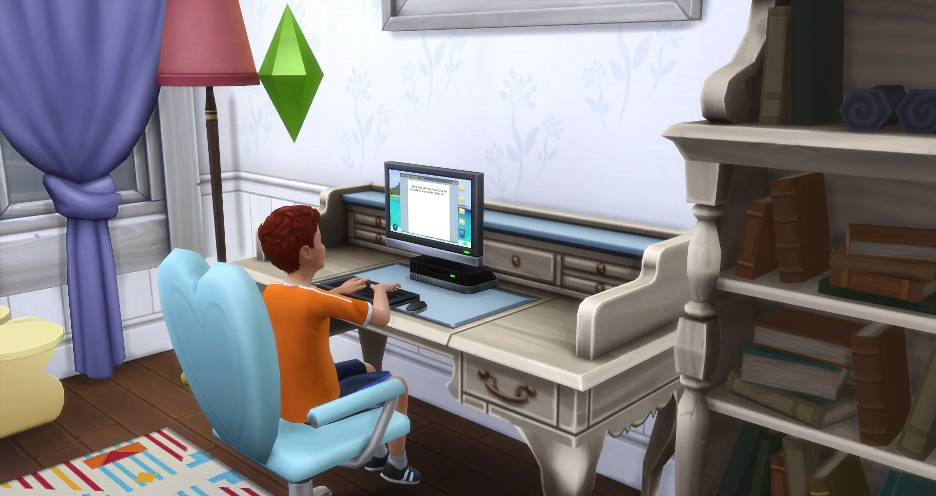um Sim criança praticando digitação no computador no The Sims 4 habilidade motora