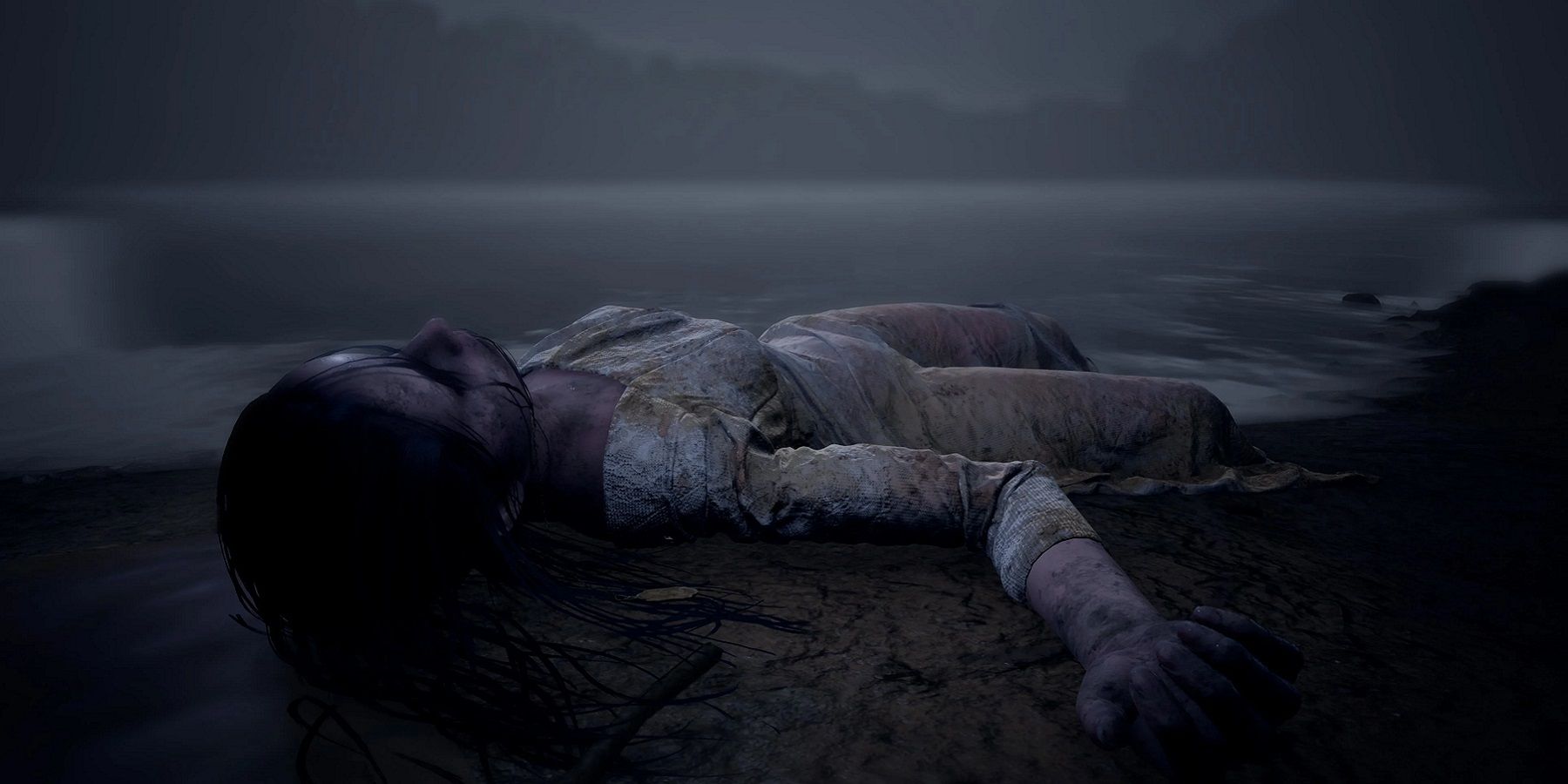 Изображение из игры Марта мертва, показывающее мертвую женщину, выброшенную на берег.