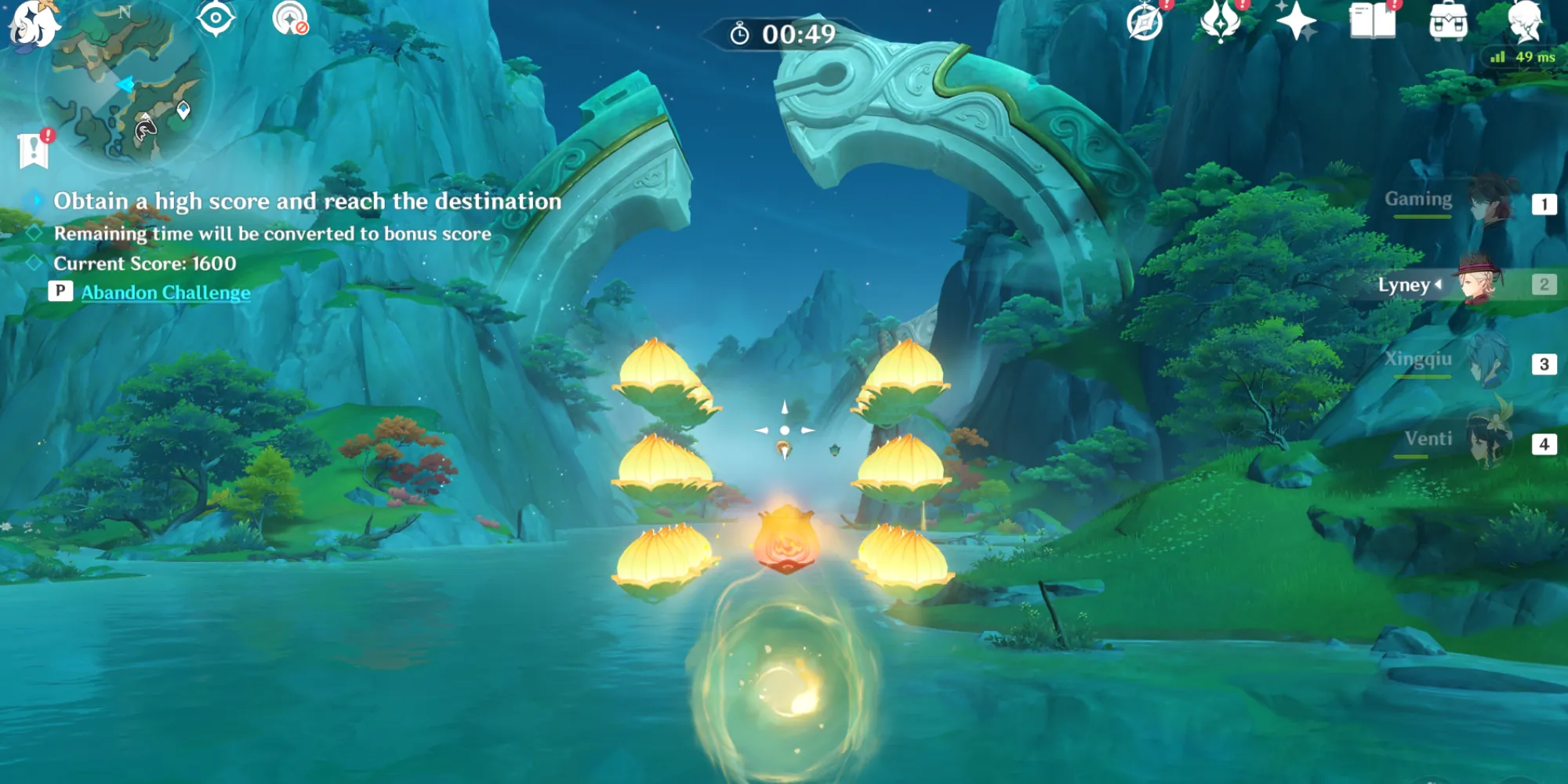 Un mini-jeu dans Genshin Impact avec un globe lumineux flottant devant des lanternes multicolores