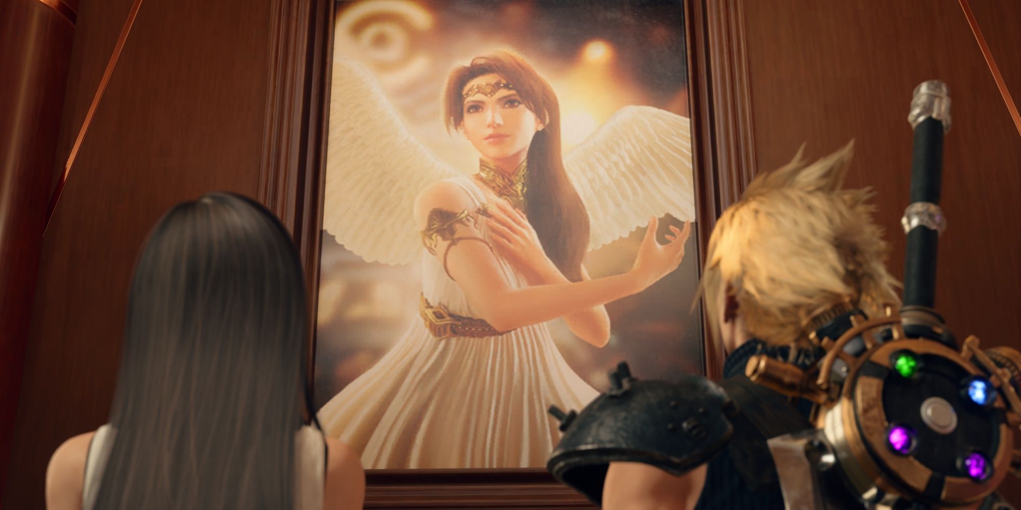 Tifa y Cloud mirando un cuadro de Jessie en Final Fantasy 7 Rebirth