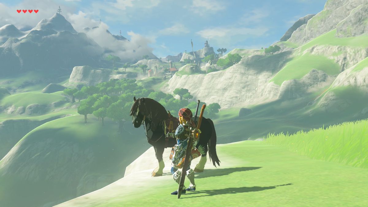 Link e un cavallo nero guardano da una collina in Breath of the Wild