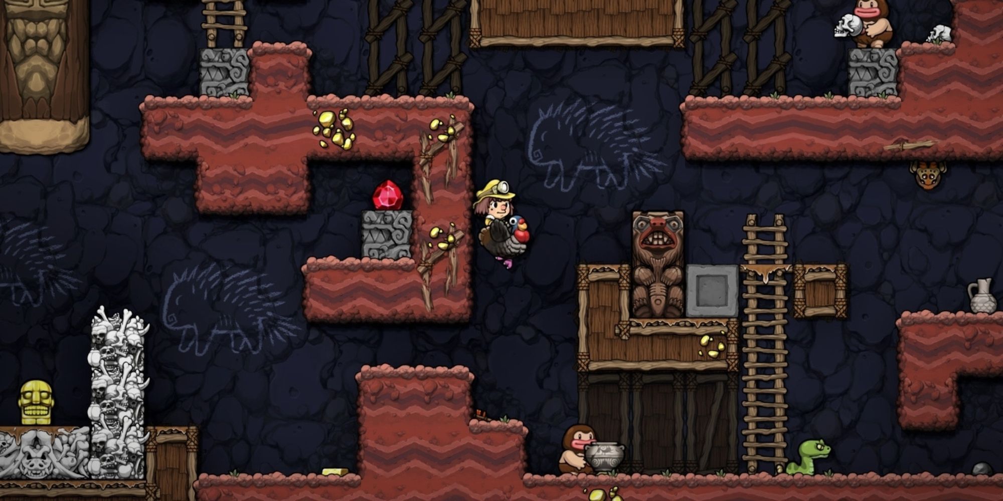 《洞穴探险2》中举着一只鸟的玩家