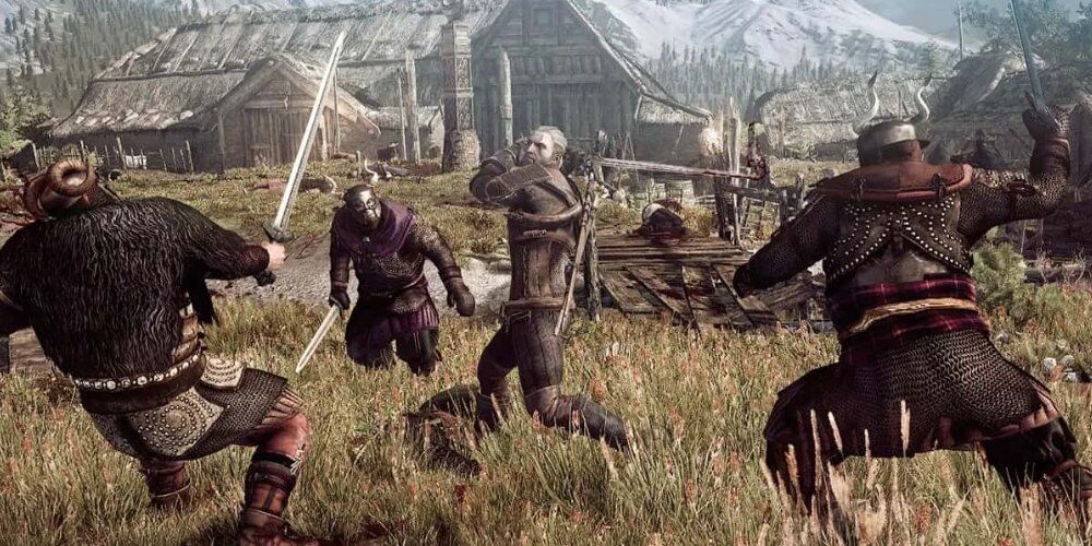 Geralt attacking a group of soldiers