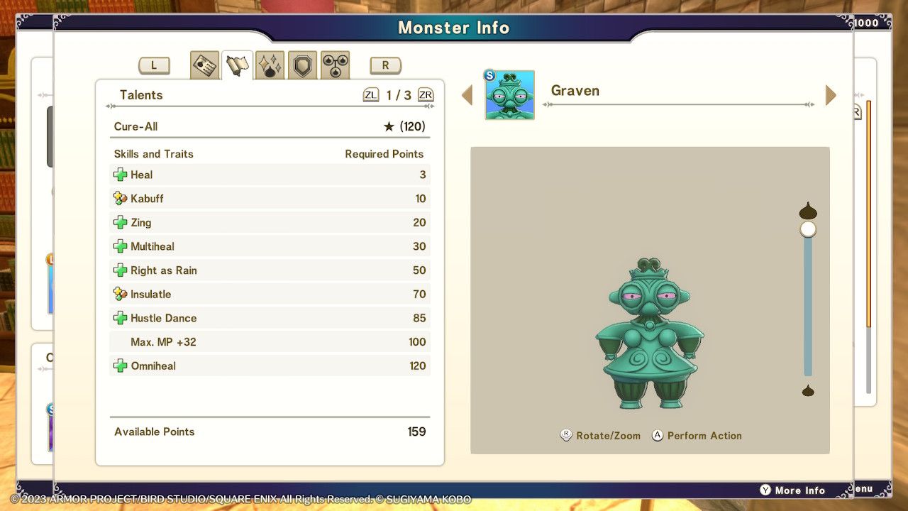 Un monstruo Ídolo Grabado con el talento Cura Total siendo examinado en la pantalla de información del monstruo en Dragon Quest Monsters: The Dark Prince.