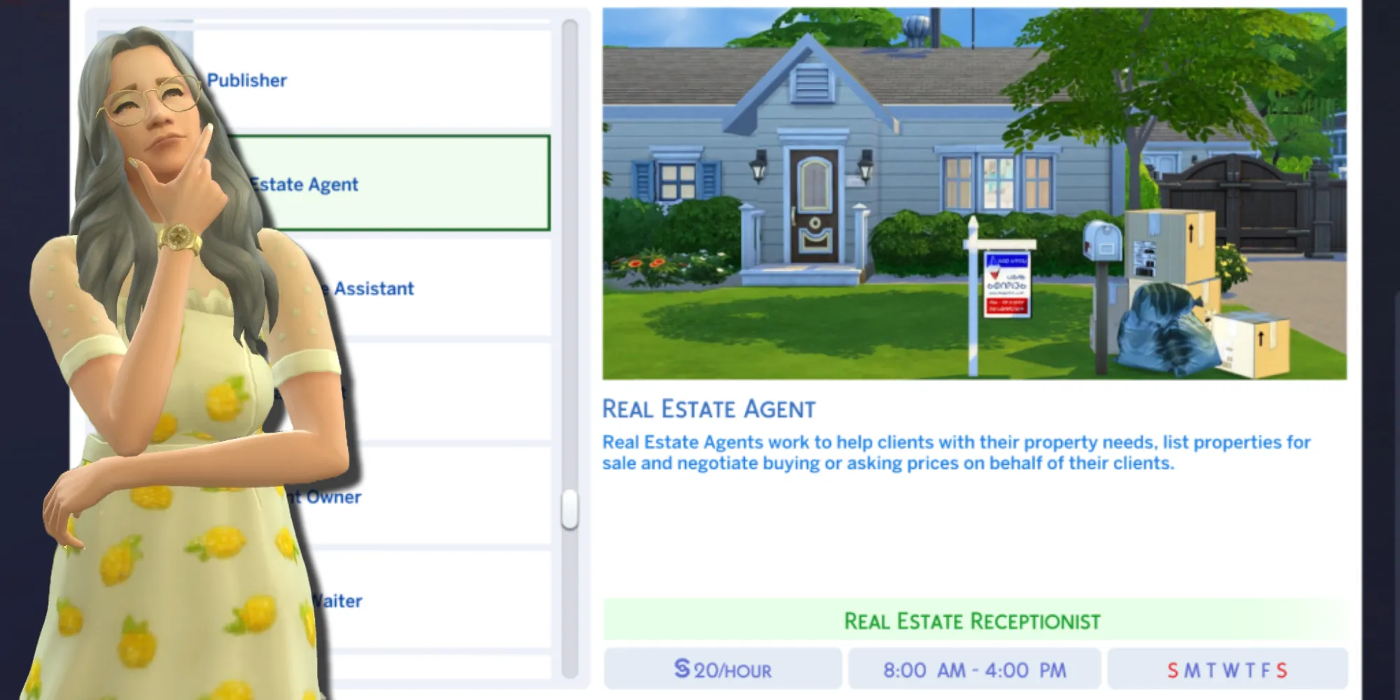 La descrizione del lavoro per la mod di carriera di agente immobiliare per The Sims 4 e un Sim che sta pensando di unirsi alla carriera come receptionist