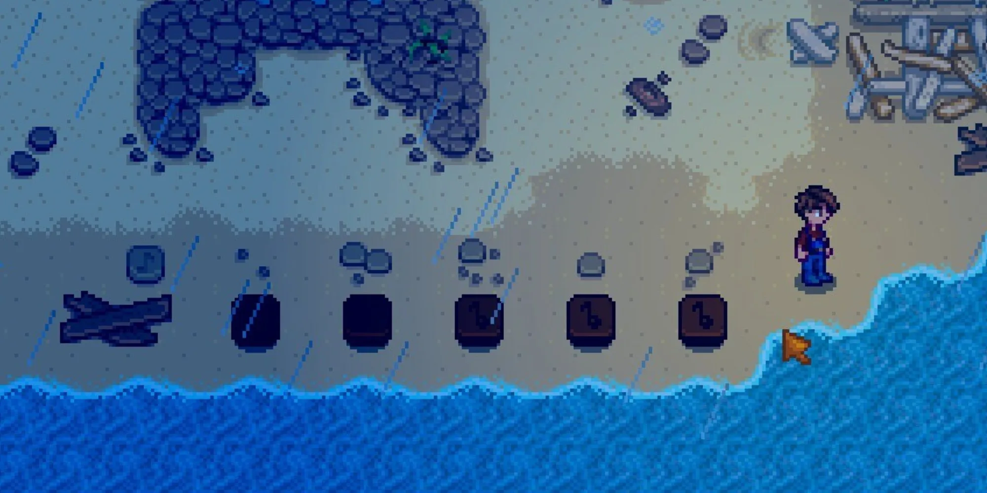 giocatore in piedi sulla spiaggia dell'isola di Ginger con Flute Blocks per il puzzle della sirena