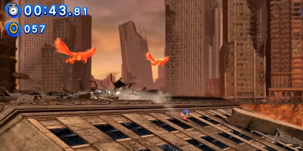 Sonic running from two flame bird enemies