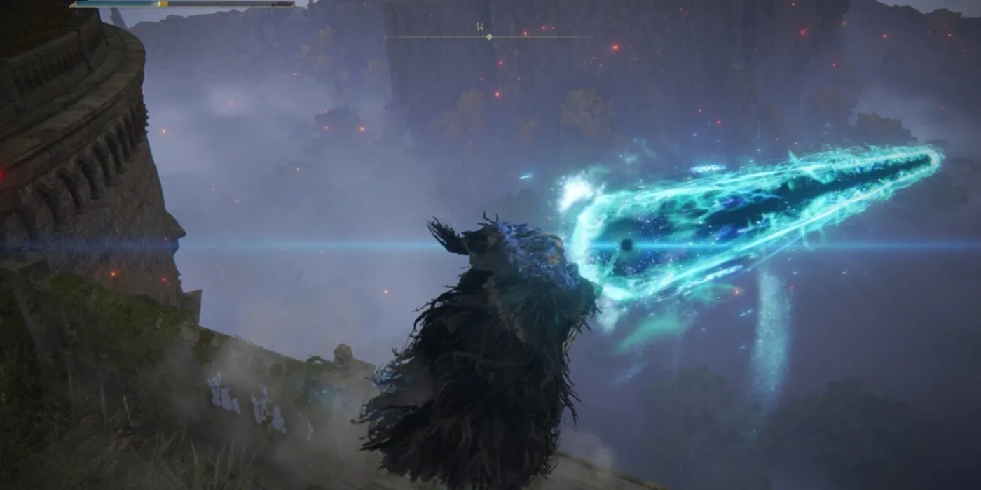 Giocatore di Elden Ring che spara un raggio laser di Cometa Azur in lontananza