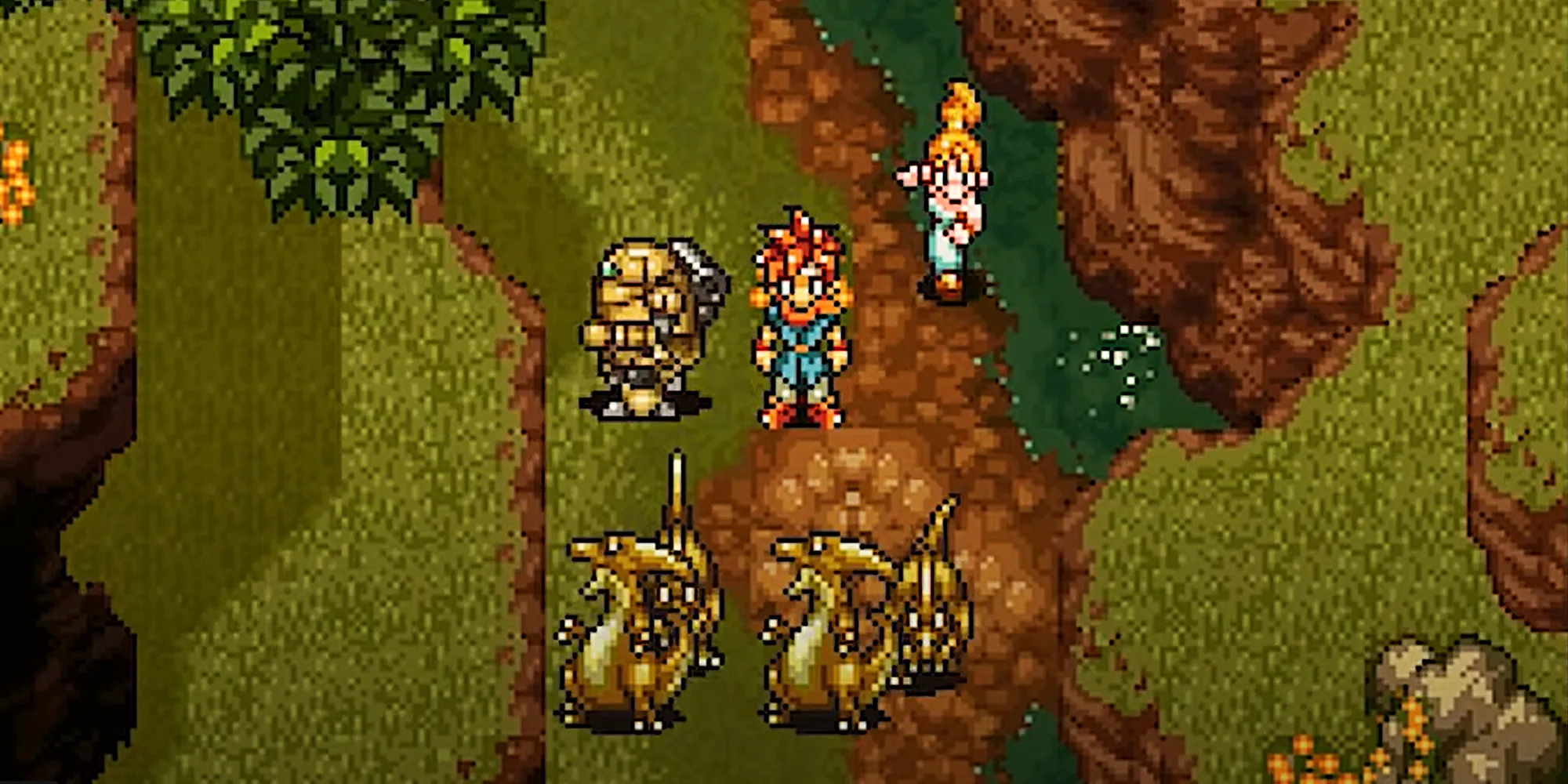 Screenshot di Chrono Trigger con Robo, Chrono e Marle di fronte a un gruppo di dinosauri