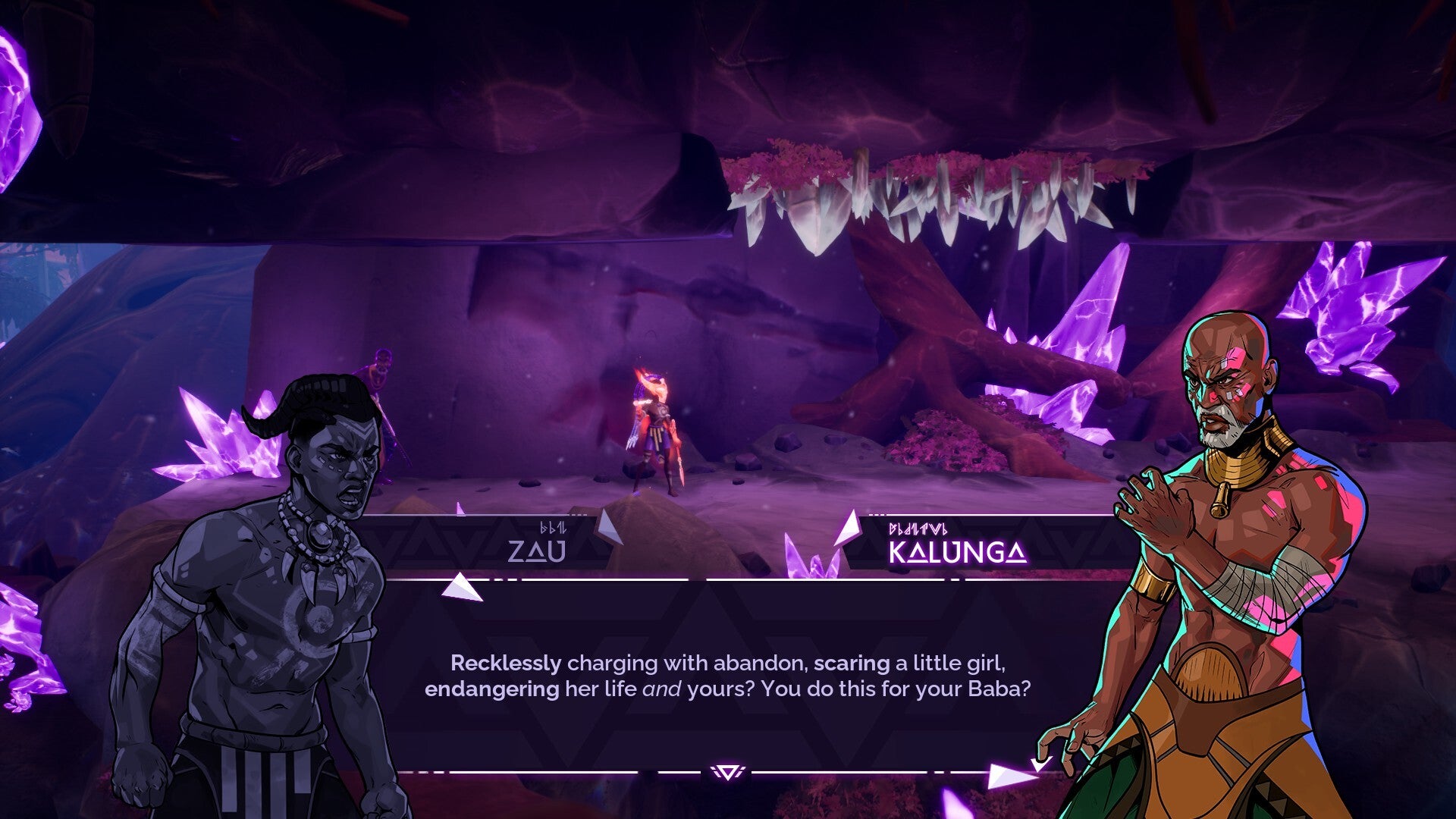 Tales of Kenzera: Zau Screenshot che mostra Zau conversare con suo padre in un tunnel rosa infuso di gemme