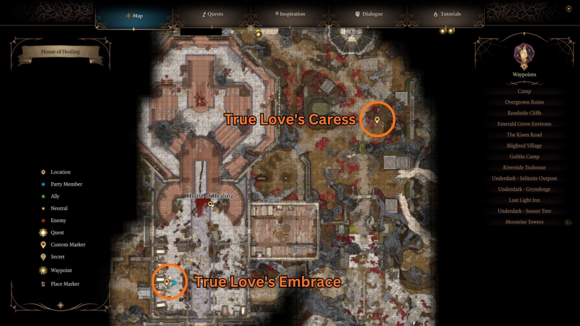 Baldur's Gate 3 - Posizioni dell'Abbraccio del Vero Amore e dell'Accarezzamento del Vero Amore sulla mappa