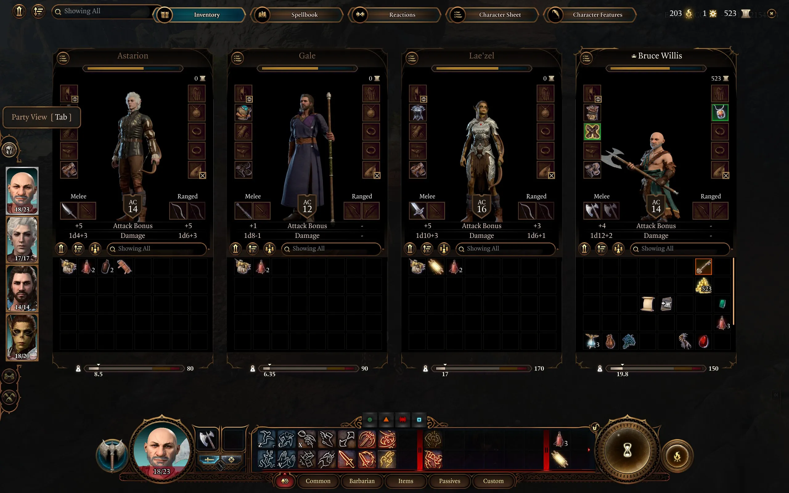 Baldur's Gate 3: Un'immagine dello schermo dell'inventario del gruppo, mostrando gli inventari dei quattro membri del gruppo