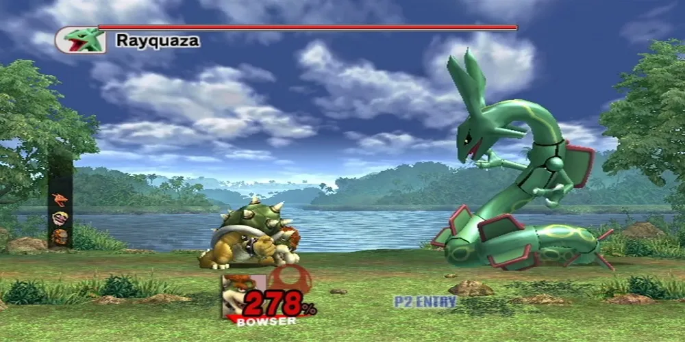 Bowser affronta Rayquaza al lago in Super Smash Bros. Brawl