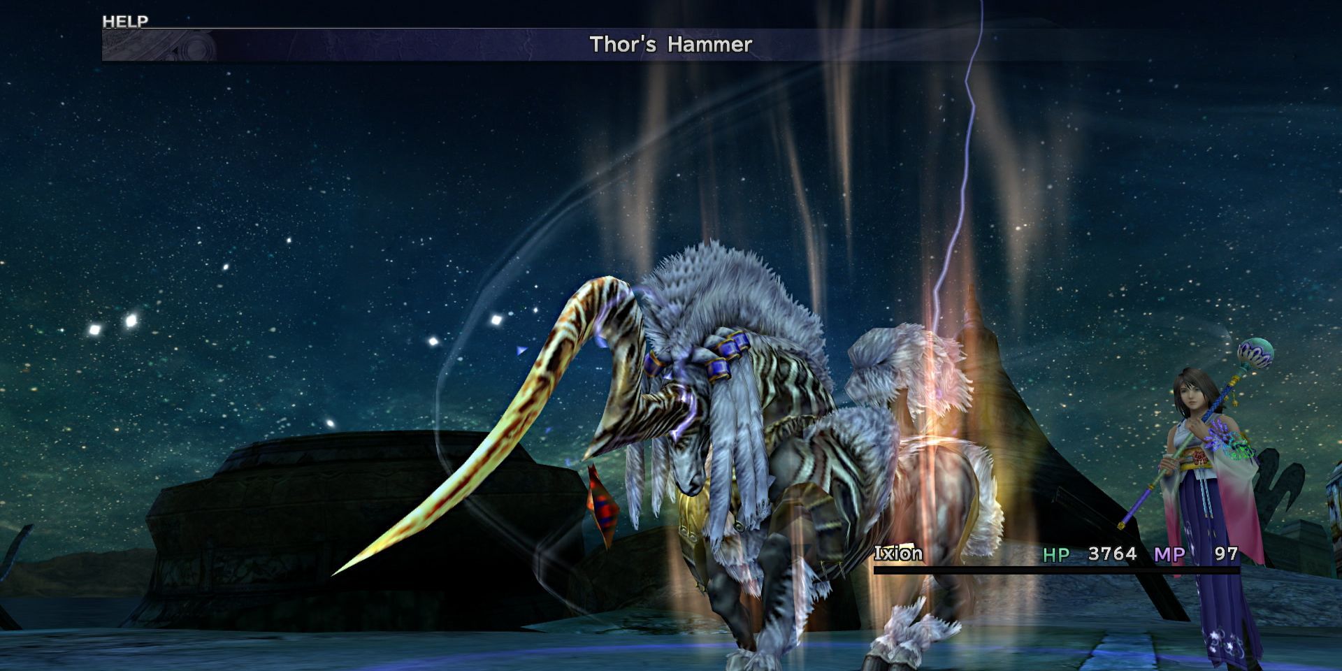 Ixion che lancia il Martello di Thor in Final Fantasy 10 con Yuna in piedi al suo fianco