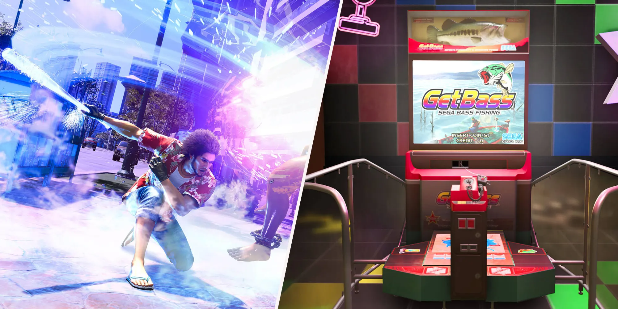Kasuga en combat et une borne d'arcade de pêche Sega GetBass.