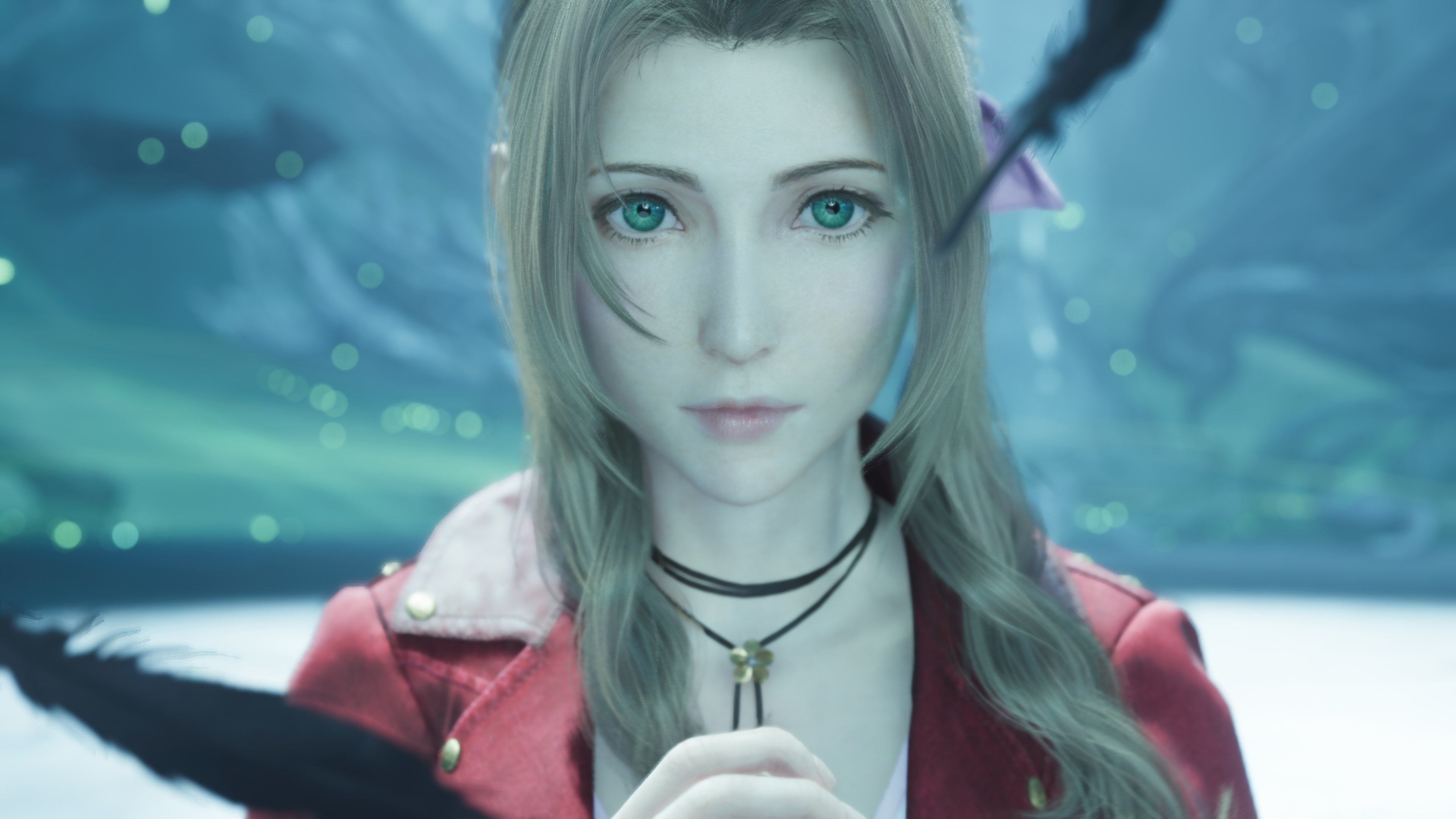 Final Fantasy 7 Rebirth中Aerith祈祷时带着黑色羽毛的特写