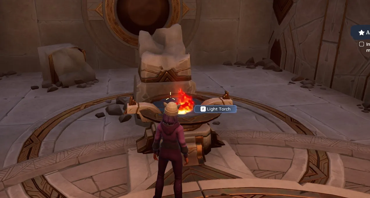 Palia Temple du Feu avec un avatar debout devant un bol de feu allumé et une fenêtre contextuelle indiquant que le bol de feu peut être utilisé.
