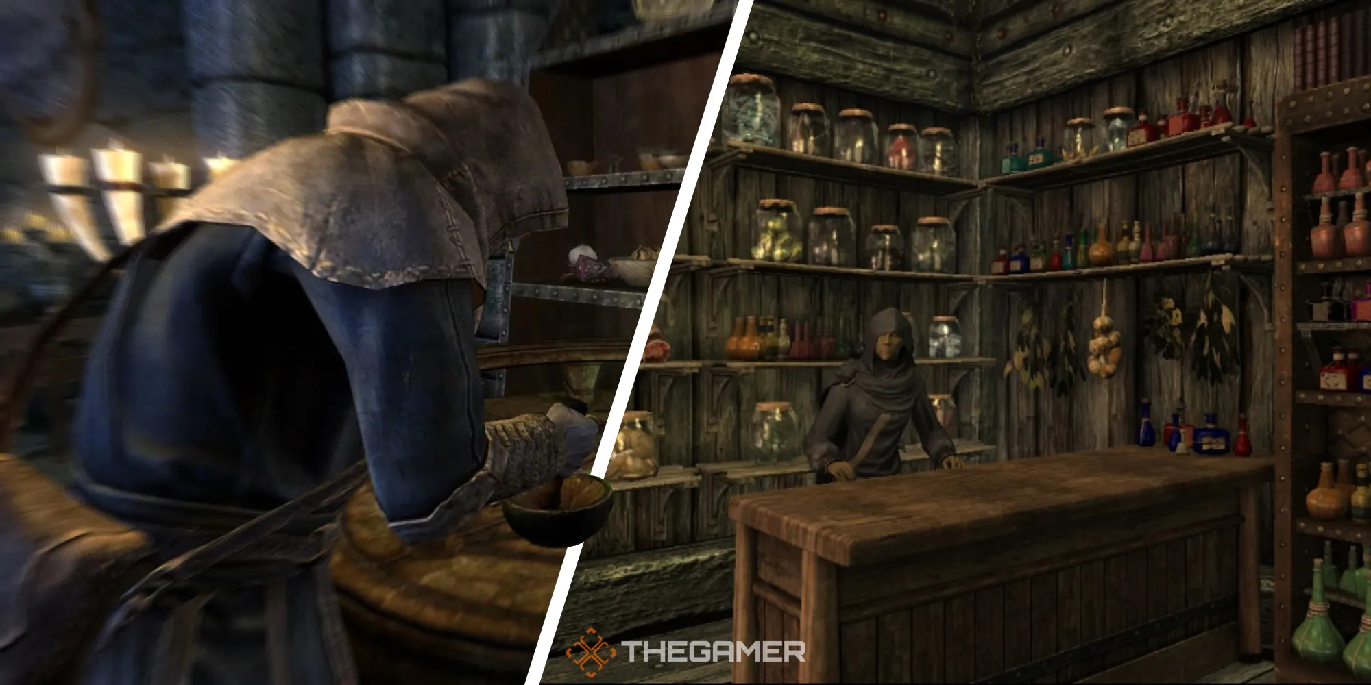 Skyrim: Un'immagine divisa tra un giocatore che crea un oggetto di alchimia a sinistra e un mercante alchimista a destra