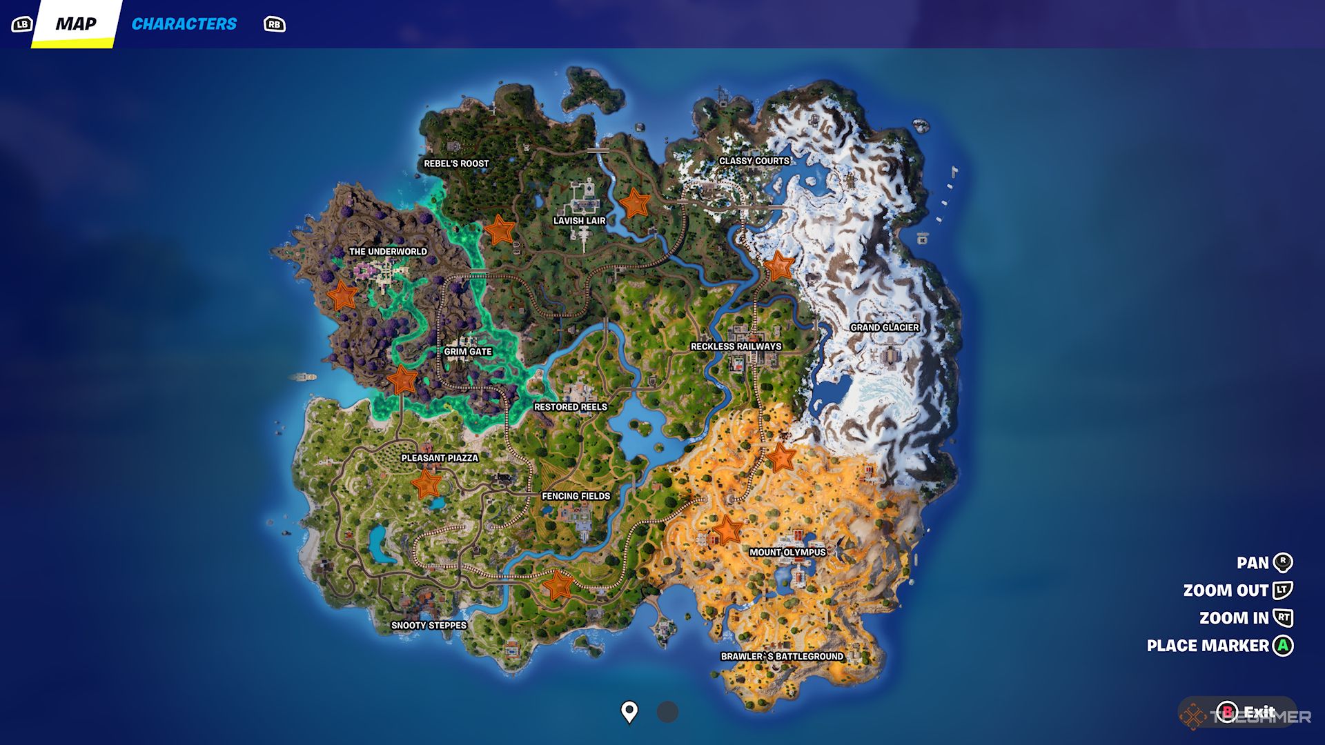 Карта Fortnite, показывающая местоположение оружейных убежищ в Fortnite Глава 5, Сезон 2.