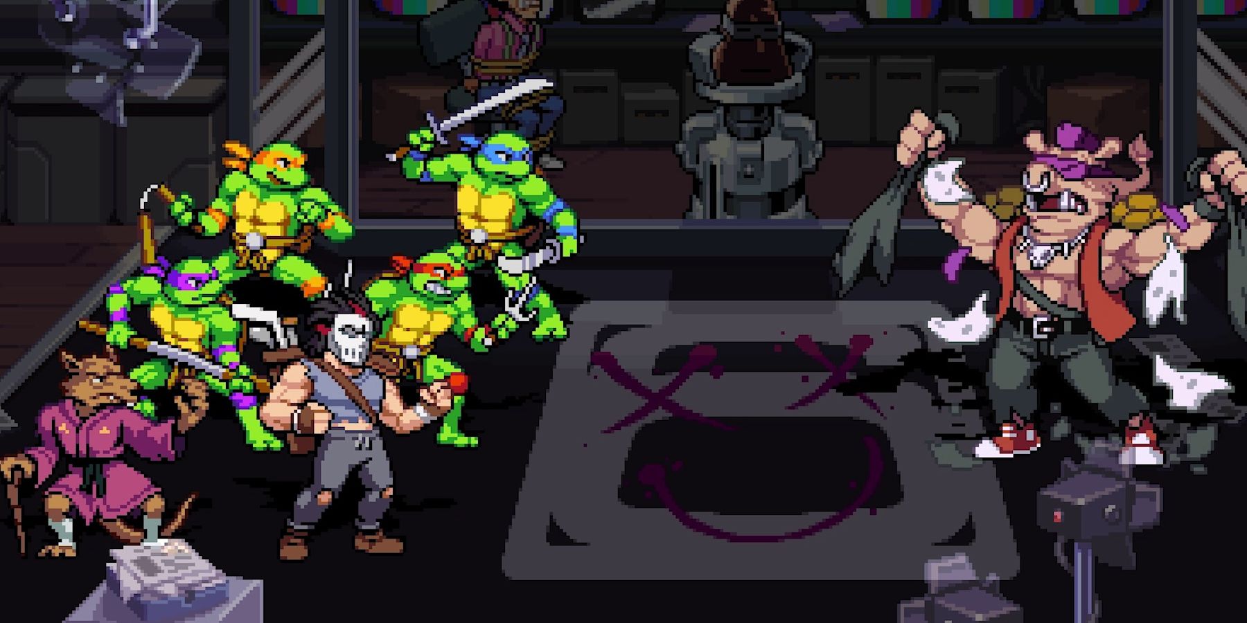 A vingança de Shredder contra Bebop no jogo Tartarugas Ninja: A Vingança de Shredder