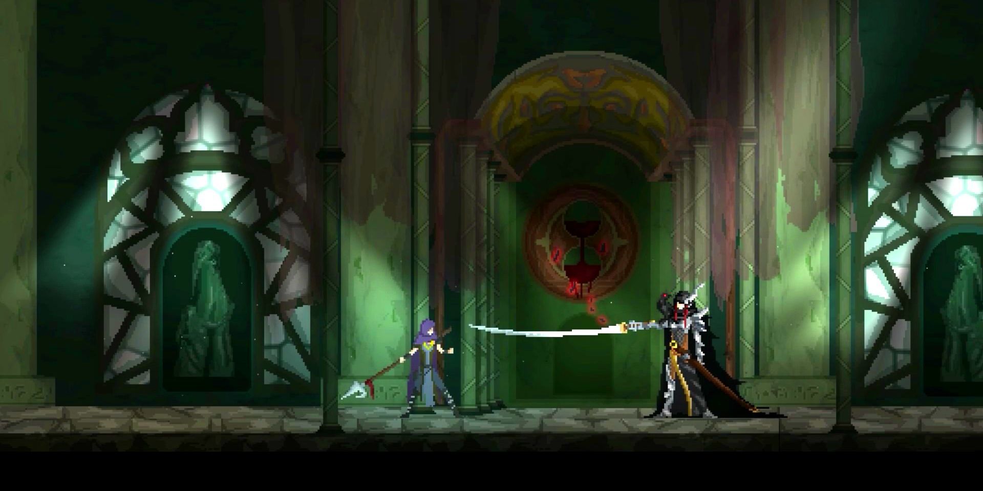 Player confronting a boss using a huge katana in Dark Devotion