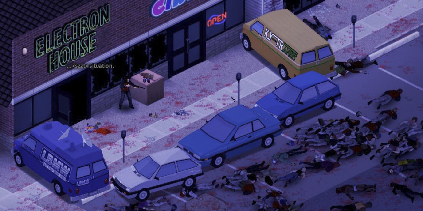 Игрок, укрытый за автомобилями с мертвыми зомби с другой стороны