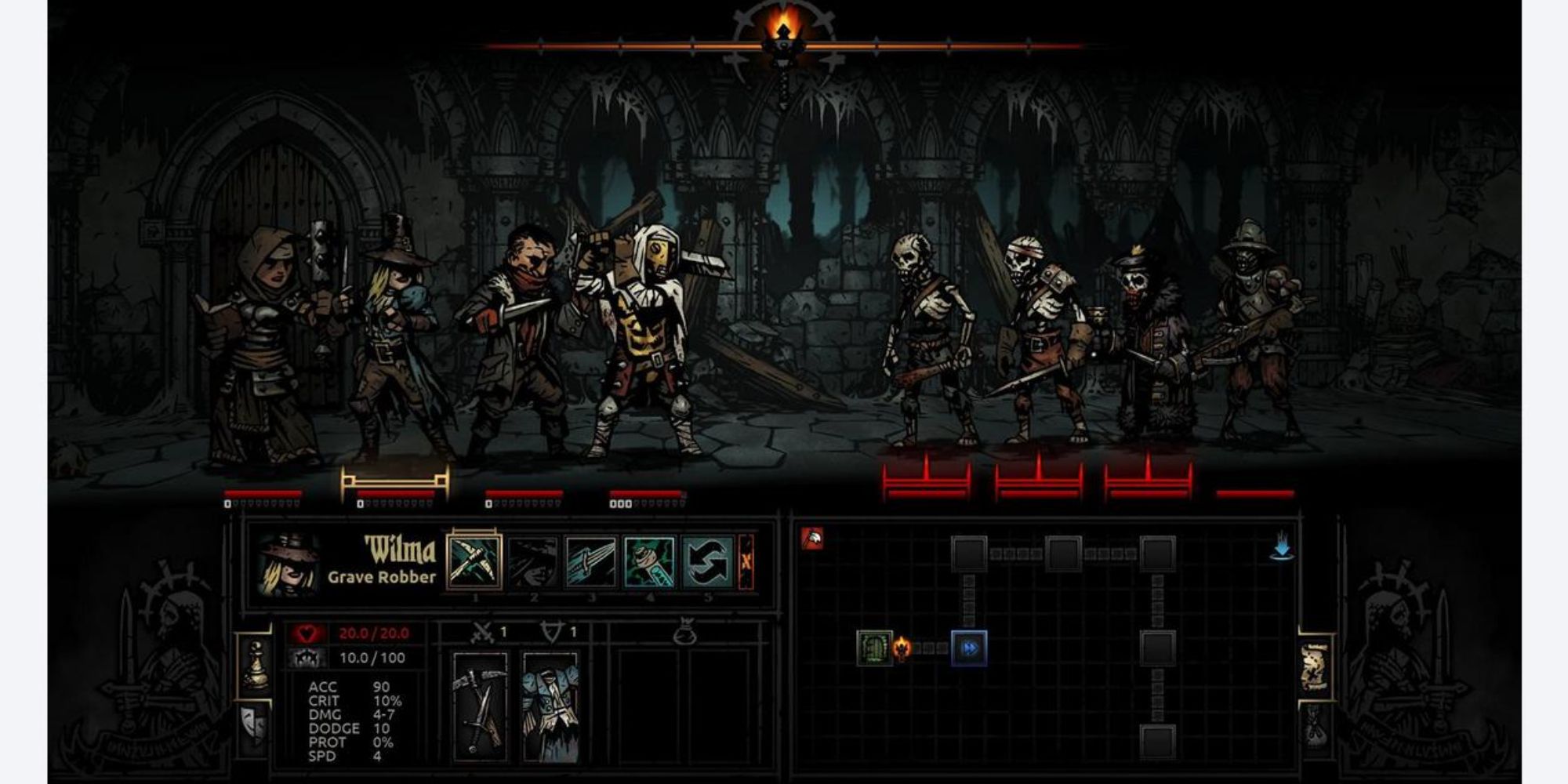 Un party di giocatori che affronta un party di zombie in Darkest Dungeon
