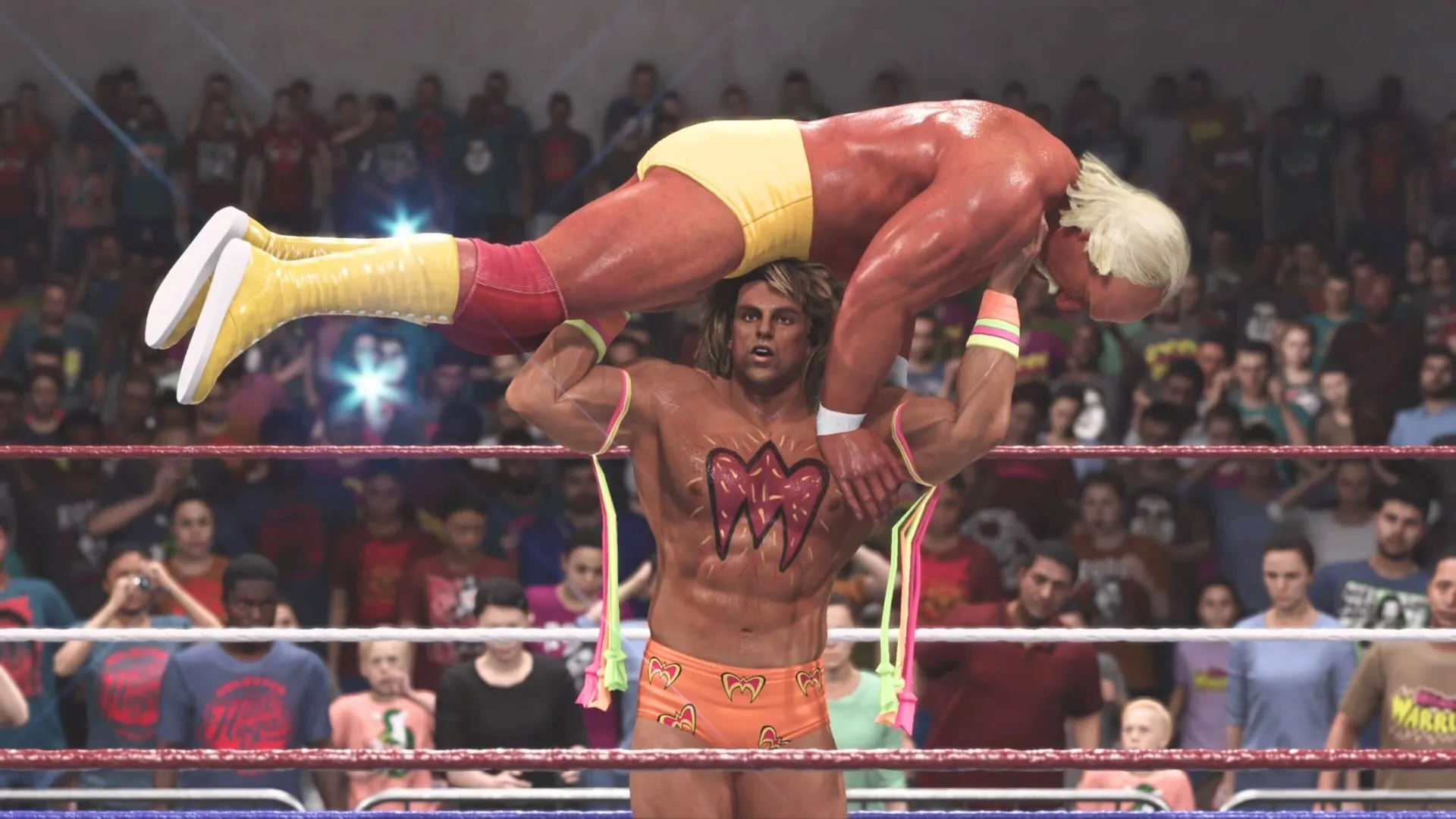 The Ultimate Warrior lifting Hulk Hogan on his shoulders in WWE 2K24