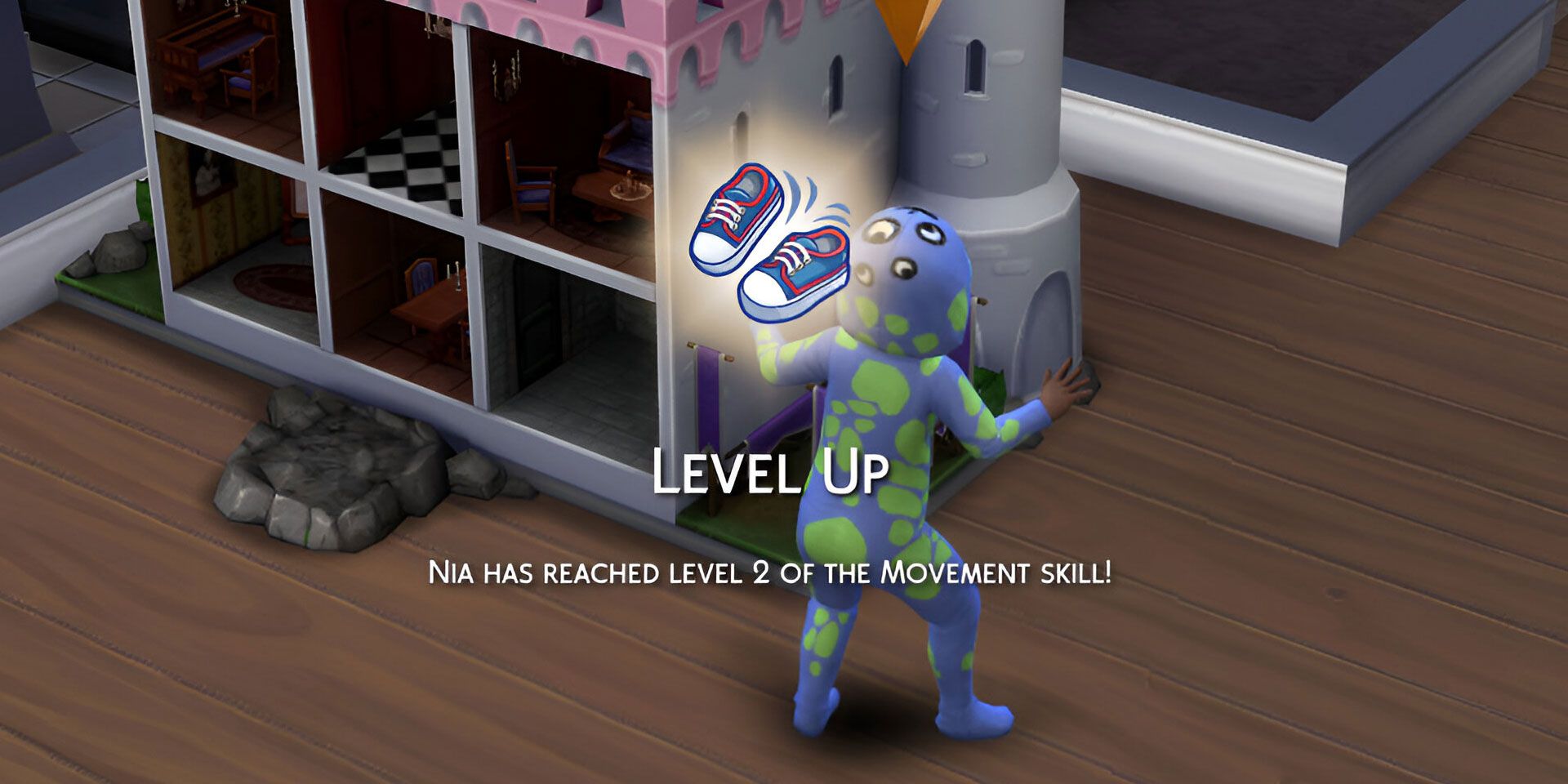 Schermata del banner Level Up per la competenza di Movimento in The Sims 4.