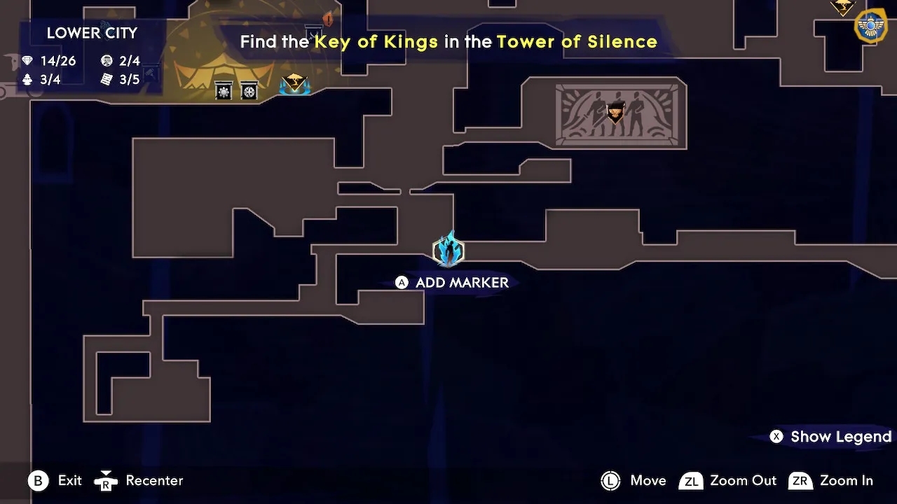 Карта горы Каф с центром на части длинной комнаты в области Нижнего Города с голубым символом игрока - пламя.