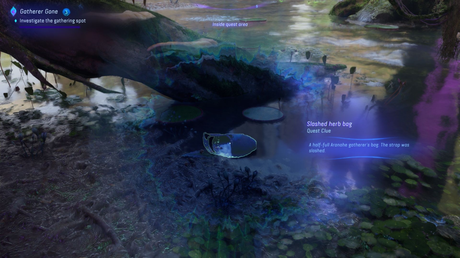 Sac d'herbes coupé près d'une rivière lors de la quête Gatherer Gone dans Avatar: Frontiers Of Pandora.