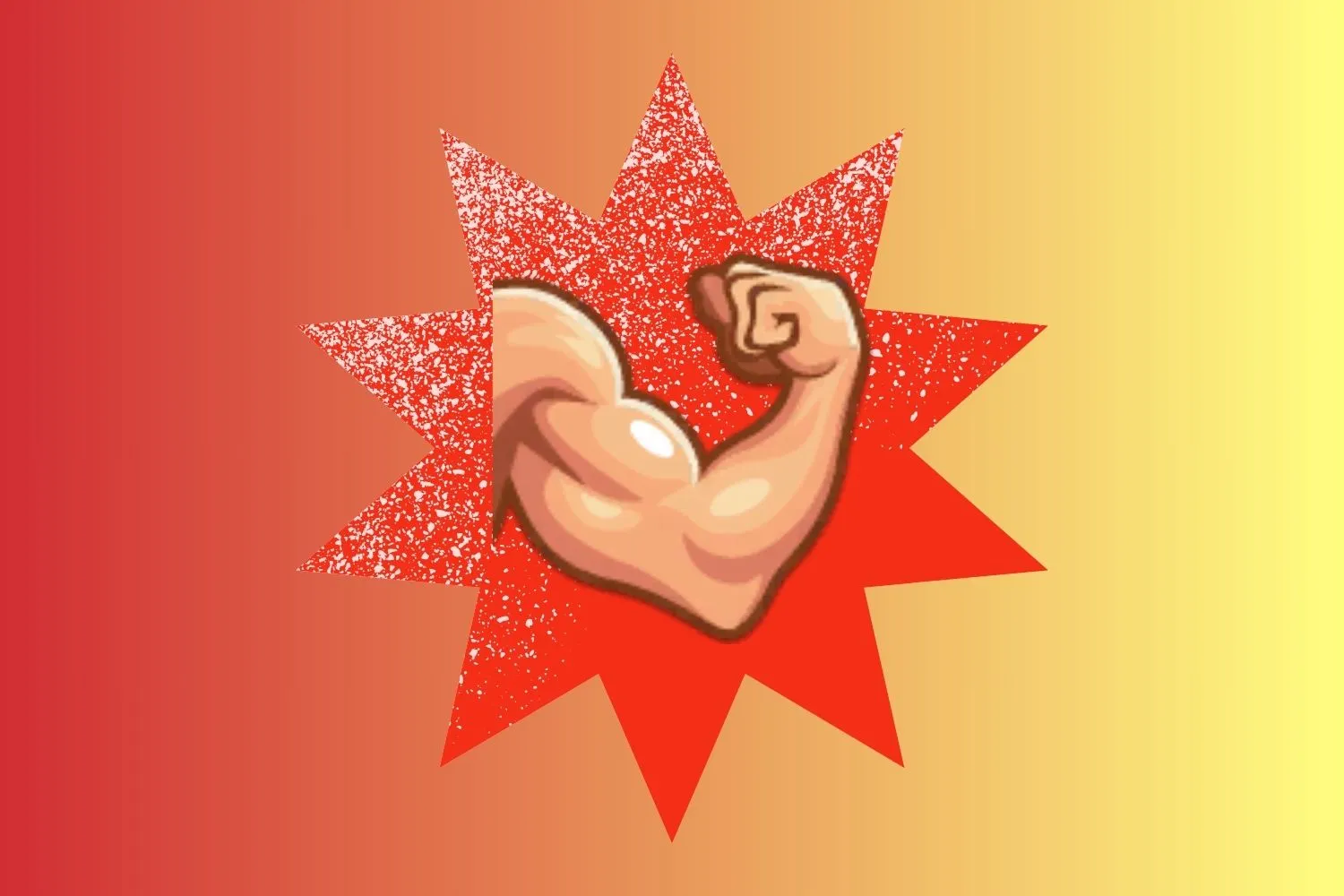 Um ícone de braço musculoso paira sobre um fundo vermelho e amarelo.